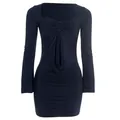 Elegant navy blue square neck long sleeve bodycon mini dress with center ruched bust detail - S / Royal Blue