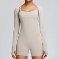 Nude-feel beige sports bolero shrug with thumbholes and matching fitness bodysuit - S / Light Khaki