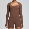 Set bolero sportivo marrone a maniche lunghe e body fitness aderente da donna - S / Caffè Scuro