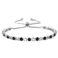 Adjustable silver bracelet with alternating black and clear round-cut zircon crystals - Sliding Adjuster Buckle / Black & White Stripe