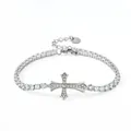 Elegant silver-tone cross pendant bracelet with shimmering square-cut cubic zirconia - Cross Bracelet / Silver