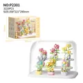 Bloques de construcción de flores suculentas DIY 3223 piezas con vitrina - Colección De Plantas En Maceta P2301: 9 Estilos + Con Estante De Exhibición De 3 Niveles + Cubierta Antipolvo Transparente