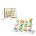 Detailed succulent building block set with 12 potted plants and white display stand - P2299 Succulent Collection - 12 Types + 3-tier Display Shelf