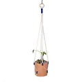 Handmade bohemian white cotton plant hanger with blue accents and a natural wooden ring - Blue Wrapped Decoration Woven Style (049)