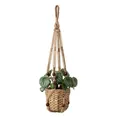 Bohemian hand-woven macrame plant hanger with wooden beads and straw basket for wall decor. - Hemp Rope Woven Style with Wooden Beads (063)