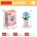 Blue hydrangea flower building blocks set in pink pot with product dimensions display - 8814-12 Hydrangea
