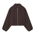 Detailed front view of a dark brown zip-up jacket with classic collar and elastic hem. - XS / Coffee