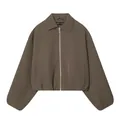 Trendy taupe zipper bomber jacket for women with puffy sleeves and classic collar - Olive Green