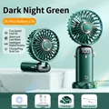 Dark green portable USB rechargeable handheld fan with LED digital display and foldable design - Gear 5 Display Folding (With Base Lanyard Cable) / Night Green