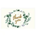 Elegant thank you card featuring a green eucalyptus wreath and gold script lettering - Card Style 17