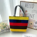 Vibrant multi-color striped canvas tote bag featuring a stylish KMY embossed leather patch - Small Size Style 5
