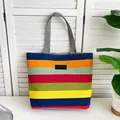 Colorful rainbow striped canvas tote bag with sturdy gray shoulder straps for women - Large Size Style 5