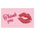 Elegant pink thank you card featuring red cursive lettering and a red lip kiss print - Card Style 80