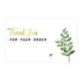 Elegant white thank you card with gold script and green watercolor leaf for gift packaging - Card Style 62