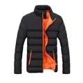 Detailed view of men's winter padded jacket with black shell and bright orange lining. - Black Contrast Orange