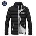 Detailed view of black men's thick winter puffer jacket featuring a stand-up collar - Black Contrast Grey