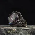 Vintage punk style ring with large oval iridescent zircon and ornate engraved pattern - Size 7 / Phantom Black Rhinestone Style (J058) / Magic Black