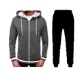 Men's casual grey zip-up hooded sweatshirt and black jogger pants two-piece tracksuit set. - Dark Gray