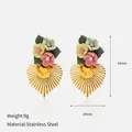 Handmade colorful floral cluster and golden sunburst fan stainless steel earrings - Flower Ceramic-look Decoration / Colorful