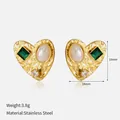Heart-shaped stainless steel earrings featuring emerald green gems and white pearls - Vintage Textured Heart Shape / Gold with Green