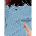 Hellblaues Herren-Rundhals-Eisseiden-Netz-T-Shirt mit Waffelstruktur-Gewebe - Hellblau