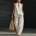 Relaxed white linen halter top and wide-leg pants two-piece set - 3XL / White