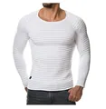Close-up of white ribbed knit fabric on a slim-fit long-sleeved crew neck T-shirt. - White