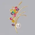 Squisita spilla di lusso in oro con pietre colorate e perla per abiti da serata - Perla Foglia in Zircone Colorato