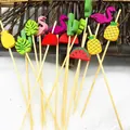 Colorful tropical themed wooden cocktail picks with flamingo and pineapple toppers for party - Mixed Bamboo Fruit Picks / 50 Pieces/Pack
