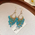 Boho χρυσά σκουλαρίκια δάκρυ με λαμπερές μπλε φούντες από χάντρες - 23# Στυλ Γάντζου Αυτιού / Χρυσό-Μπλε