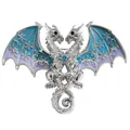 Detalle del broche de dragón plateado de dos cabezas con alas azules de copos de nieve - Broche (35 Blanco K Dragón Doble) / Blanco K Degradado Azul-Púrpura
