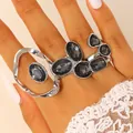 Statement silver irregular ring with dark grey acrylic stones for women fashion look - Silver Irregular Geometric Patchwork Ring (15)