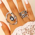 Statement silver-toned irregular rings featuring faceted black acrylic gemstones - Silver European And American Style Rings Combination (16)