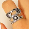 Irregular silver-tone multi-layer ring featuring three triangular grey stones. - Silver Geometric Triangle Black Zirconia Ring (12)