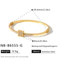 Detailed view of gold stainless steel bangle showing dimensions and hypoallergenic specs - Square Style (NB-B6555-G)
