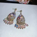 Detailed view of ornate teardrop bohemian earrings with crystals and floral charms - Streaming Flower Tassel (56# 925 Sterling Silver Earring Post-Gold) / Clear