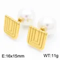 Retro French style gold titanium steel pearl stud earrings with textured square design - Earrings (KE115317-K) / Gold