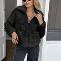 Chaqueta elegante de piel sintética verde oscuro para mujer con cremallera frontal - S / Negro