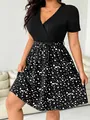 Robe élégante grande taille pour femme, col en V, manches courtes, ceinture, noir et blanc - XL / Noir