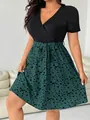 Élégante robe grande taille à col en V avec jupe à imprimé léopard vert et noir - 3XL / Vert