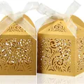 Elegant gold laser-cut hollow candy boxes with white ribbons for wedding favors - Gold (Ivory Ribbon)