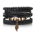 Retro multilayer adjustable black leather and beaded bracelet for men with leaf charm - Black (Bronze Leaf Charm)