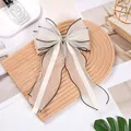Elegant off-white sheer gauze hair bow with black edges and long streamers for girls - Rhinestone Ribbon Style / Beige