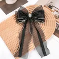 Elegant black pearlescent yarn oversized bow hair clip with long streamers for girls - Wavy Edged With Diamond Buckle / Black