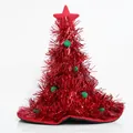 Festive red Christmas tree tinsel hat with green pom-poms for holiday party dress up - Red (No Light)