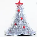 Festive silver tinsel Christmas tree hat with red felt pom-poms and star for parties - Silver No Light