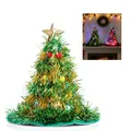 Festive green and gold tinsel Christmas tree shaped party hat with gold star topper - Green-Gold (With Light)