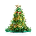 Festive Christmas tree shaped party hat with shiny green gold tinsel and plush star - Green Gold