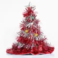 Red and silver tinsel Christmas tree hat with colorful pom-poms for festive party wear - Double-Layer Red-Silver