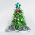 Green and silver tinsel Christmas tree party hat with star topper and ornaments - Silver Base Green